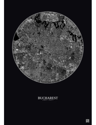 Affiche Bucharest – Poster vue satellite 6km N&B | Gravura – Fond foncé