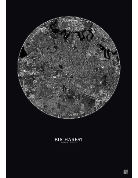 Affiche Bucharest – Poster vue satellite 6km N&B | Gravura – Fond foncé