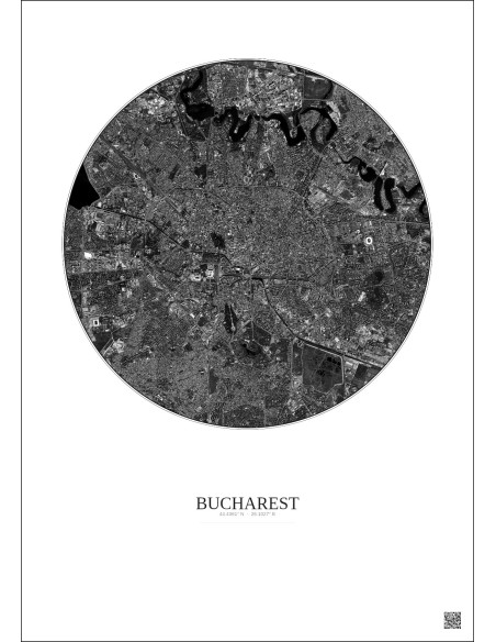 Affiche Bucharest – Poster vue satellite 6km N&B | Gravura – Fond clair