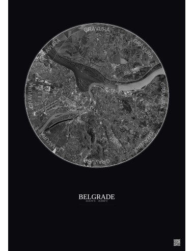Affiche Belgrade – Poster vue satellite 10km N&B | Gravura – Fond foncé