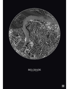 Affiche Belgrade – Poster vue satellite 2.5km N&B | Gravura – Fond foncé