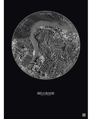 Affiche Belgrade – Poster vue satellite 2.5km N&B | Gravura – Fond foncé