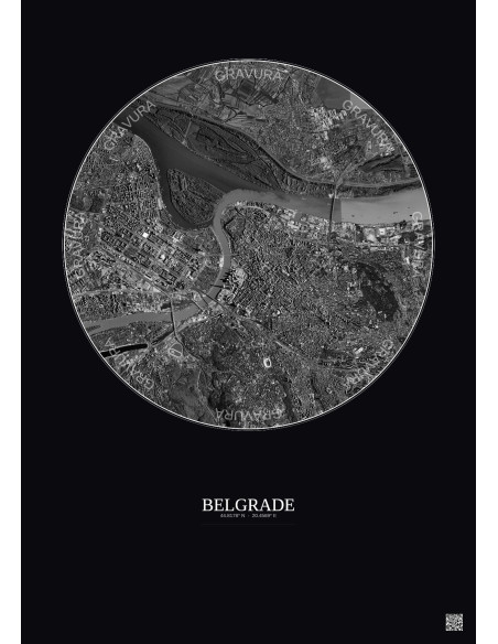 Affiche Belgrade – Poster vue satellite 6km N&B | Gravura – Fond foncé