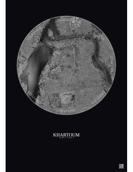 Affiche Khartoum – Poster vue satellite 10km N&B | Gravura – Fond foncé