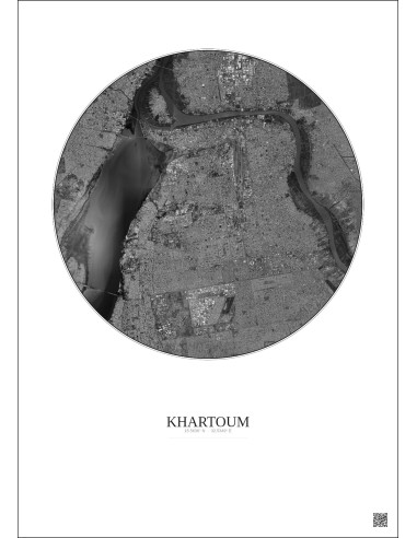 Affiche Khartoum – Poster vue satellite 10km N&B | Gravura – Fond clair