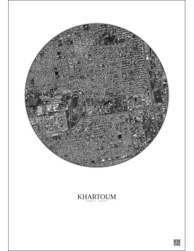 Affiche Khartoum – Poster vue satellite 2.5km N&B | Gravura – Fond clair
