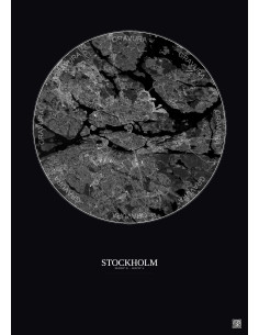 Affiche Stockholm – Poster vue satellite 10km N&B | Gravura – Fond foncé