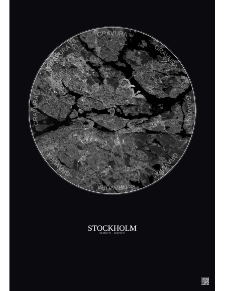 Stockholm Satellite View Poster 10km B&W | Gravura – Dark background