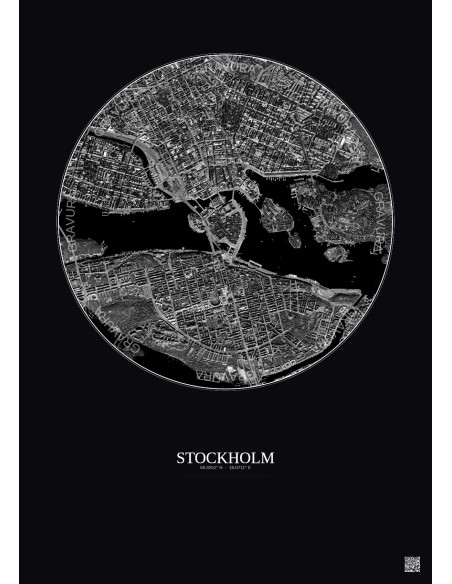 Affiche Stockholm – Poster vue satellite 2.5km N&B | Gravura – Fond foncé