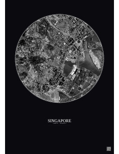 Affiche Singapore – Poster vue satellite 2.5km N&B | Gravura – Fond foncé