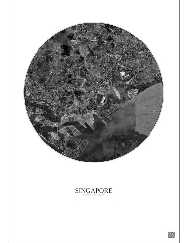Affiche Singapore – Poster vue satellite 6km N&B | Gravura – Fond clair