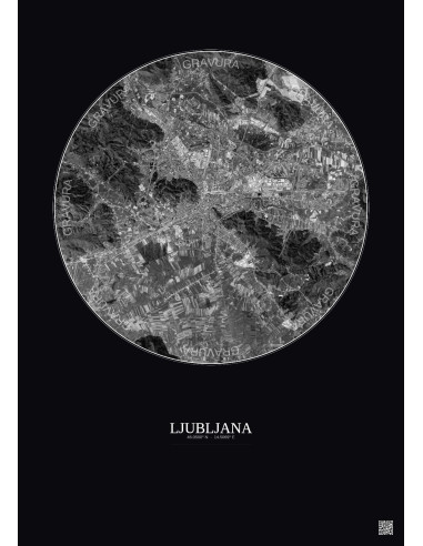 Affiche Ljubljana – Poster vue satellite 10km N&B | Gravura – Fond foncé