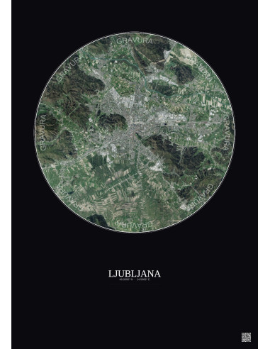 Ljubljana Satellite View Poster 10km Color | Gravura – Dark background