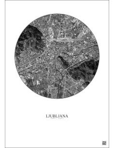 Affiche Ljubljana – Poster vue satellite 2.5km N&B | Gravura – Fond clair