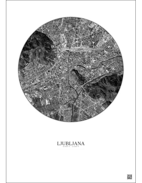 Affiche Ljubljana – Poster vue satellite 2.5km N&B | Gravura – Fond clair