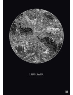 Ljubljana Satellite View Poster 6km B&W | Gravura – Dark background