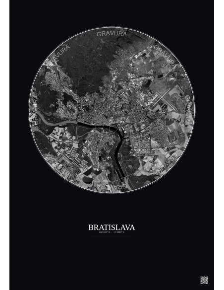 Affiche Bratislava – Poster vue satellite 10km N&B | Gravura – Fond foncé