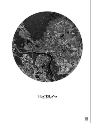 Bratislava Satellite View Poster 10km B&W | Gravura – Light background