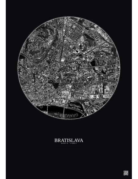 Affiche Bratislava – Poster vue satellite 2.5km N&B | Gravura – Fond foncé
