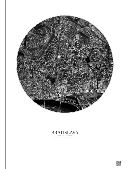 Affiche Bratislava – Poster vue satellite 2.5km N&B | Gravura – Fond clair