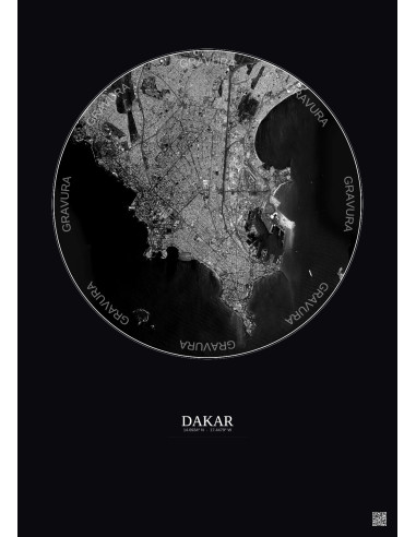 Dakar Satellite View Poster 6km B&W | Gravura – Dark background