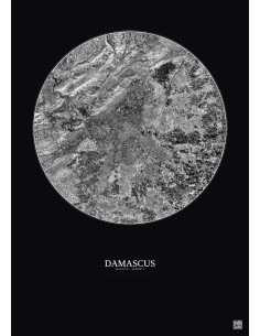 Affiche Damascus – Poster vue satellite 10km N&B | Gravura – Fond foncé