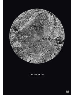Affiche Damascus – Poster vue satellite 6km N&B | Gravura – Fond foncé