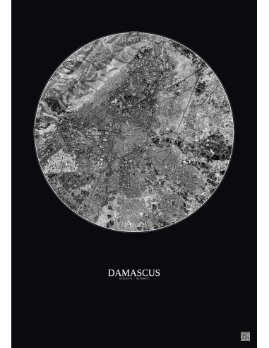 Damascus Satellite View Poster 6km B&W | Gravura – Dark background