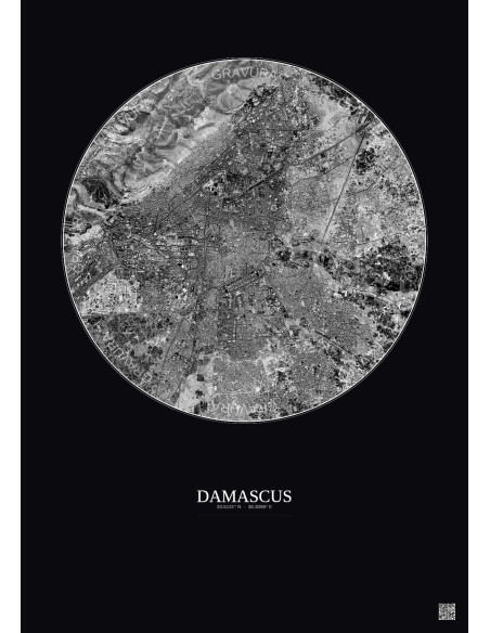 Damascus Satellite View Poster 6km B&W | Gravura – Dark background