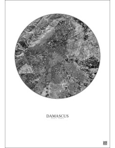 Affiche Damascus – Poster vue satellite 6km N&B | Gravura – Fond clair