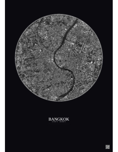 Affiche Bangkok – Poster vue satellite 6km N&B | Gravura – Fond foncé