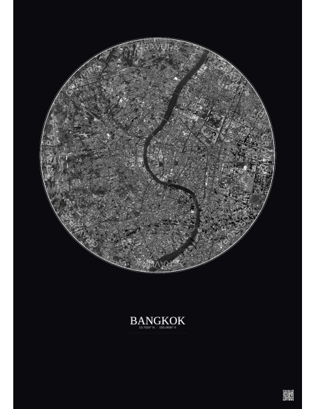 Affiche Bangkok – Poster vue satellite 6km N&B | Gravura – Fond foncé