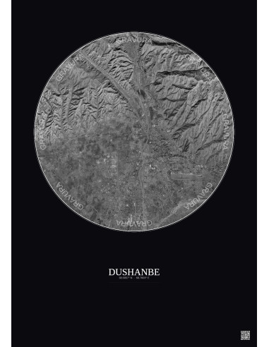 Dushanbe Satellite View Poster 10km B&W | Gravura – Dark background