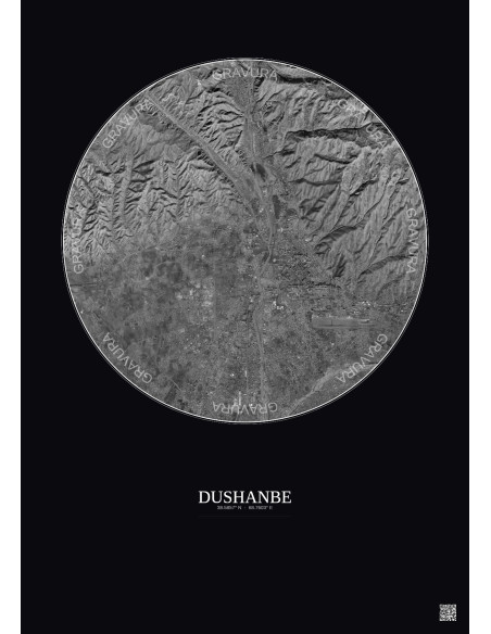 Dushanbe Satellite View Poster 10km B&W | Gravura – Dark background