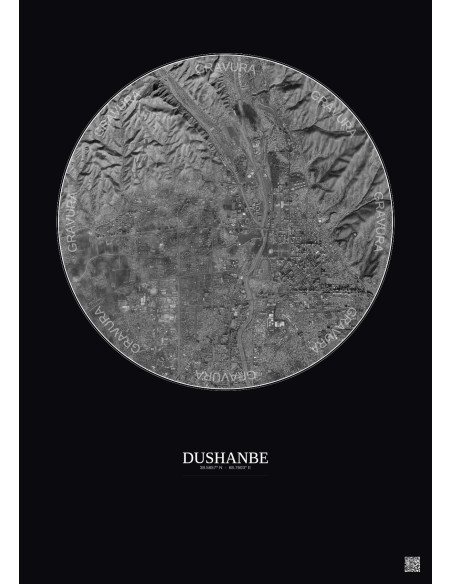 Dushanbe Satellite View Poster 6km B&W | Gravura – Dark background