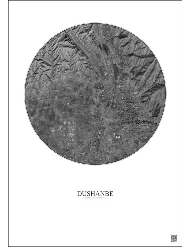 Affiche Dushanbe – Poster vue satellite 6km N&B | Gravura – Fond clair