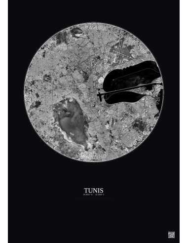 Affiche Tunis – Poster vue satellite 10km N&B | Gravura – Fond foncé