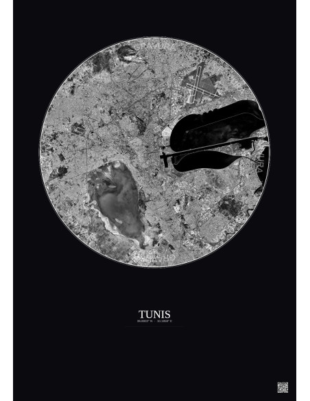 Affiche Tunis – Poster vue satellite 10km N&B | Gravura – Fond foncé