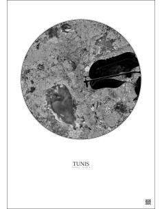 Affiche Tunis – Poster vue satellite 10km N&B | Gravura – Fond clair