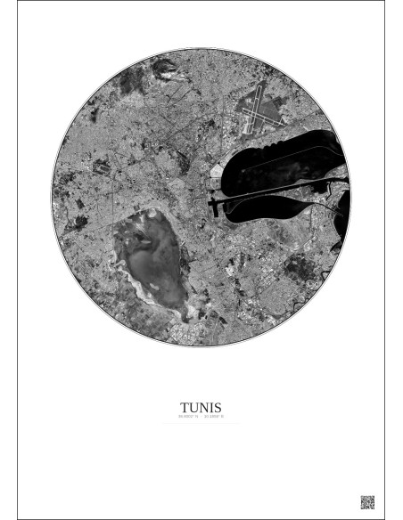 Tunis Satellite View Poster 10km B&W | Gravura – Light background