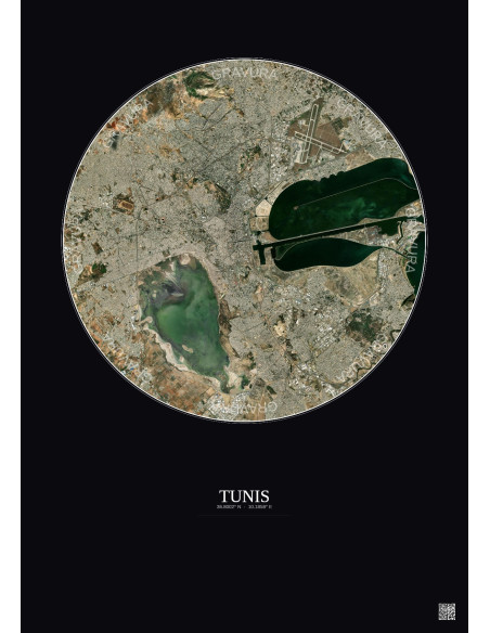 Affiche Tunis – Poster vue satellite 10km Couleur | Gravura – Fond foncé