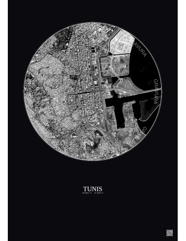 Affiche Tunis – Poster vue satellite 2.5km N&B | Gravura – Fond foncé
