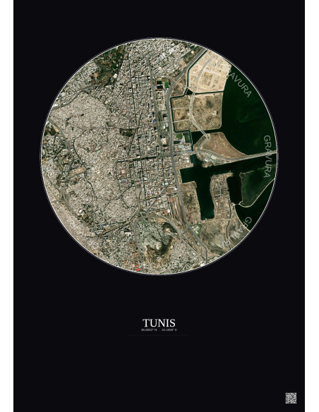 Affiche Tunis – Poster vue satellite 2.5km Couleur | Gravura – Fond foncé