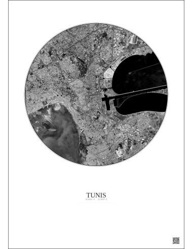 Affiche Tunis – Poster vue satellite 6km N&B | Gravura – Fond clair