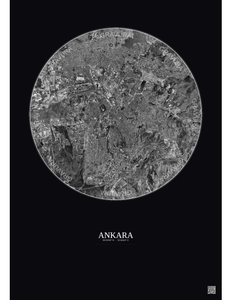 Ankara Satellite View Poster 10km B&W | Gravura – Dark background