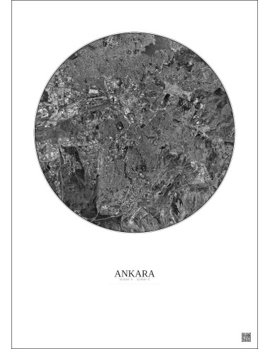 Affiche Ankara – Poster vue satellite 10km N&B | Gravura – Fond clair