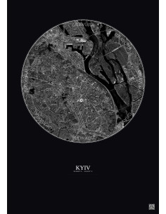 Affiche Kyiv – Poster vue satellite 6km N&B | Gravura – Fond foncé