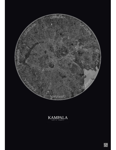 Affiche Kampala – Poster vue satellite 10km N&B | Gravura – Fond foncé