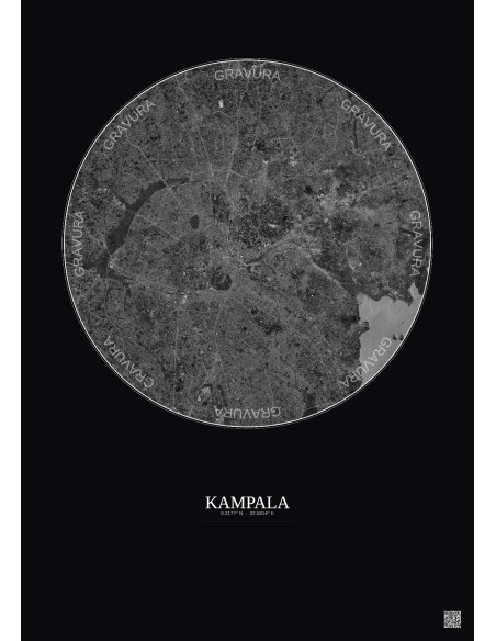 Affiche Kampala – Poster vue satellite 10km N&B | Gravura – Fond foncé
