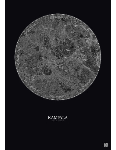 Affiche Kampala – Poster vue satellite 6km N&B | Gravura – Fond foncé